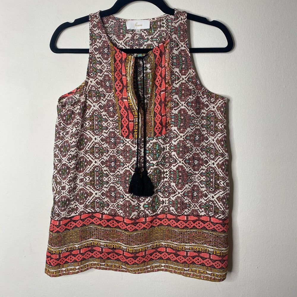 Braeve Brown Peach Teal and Cream Aztec Front Tie Sleeveless Tank Extra Small